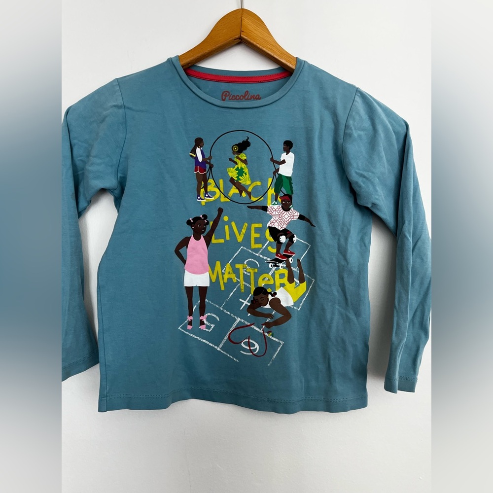 Piccolina Girls Size 8 Black Lives Matter Graphic Tee Blue Long Sleeve Cotton